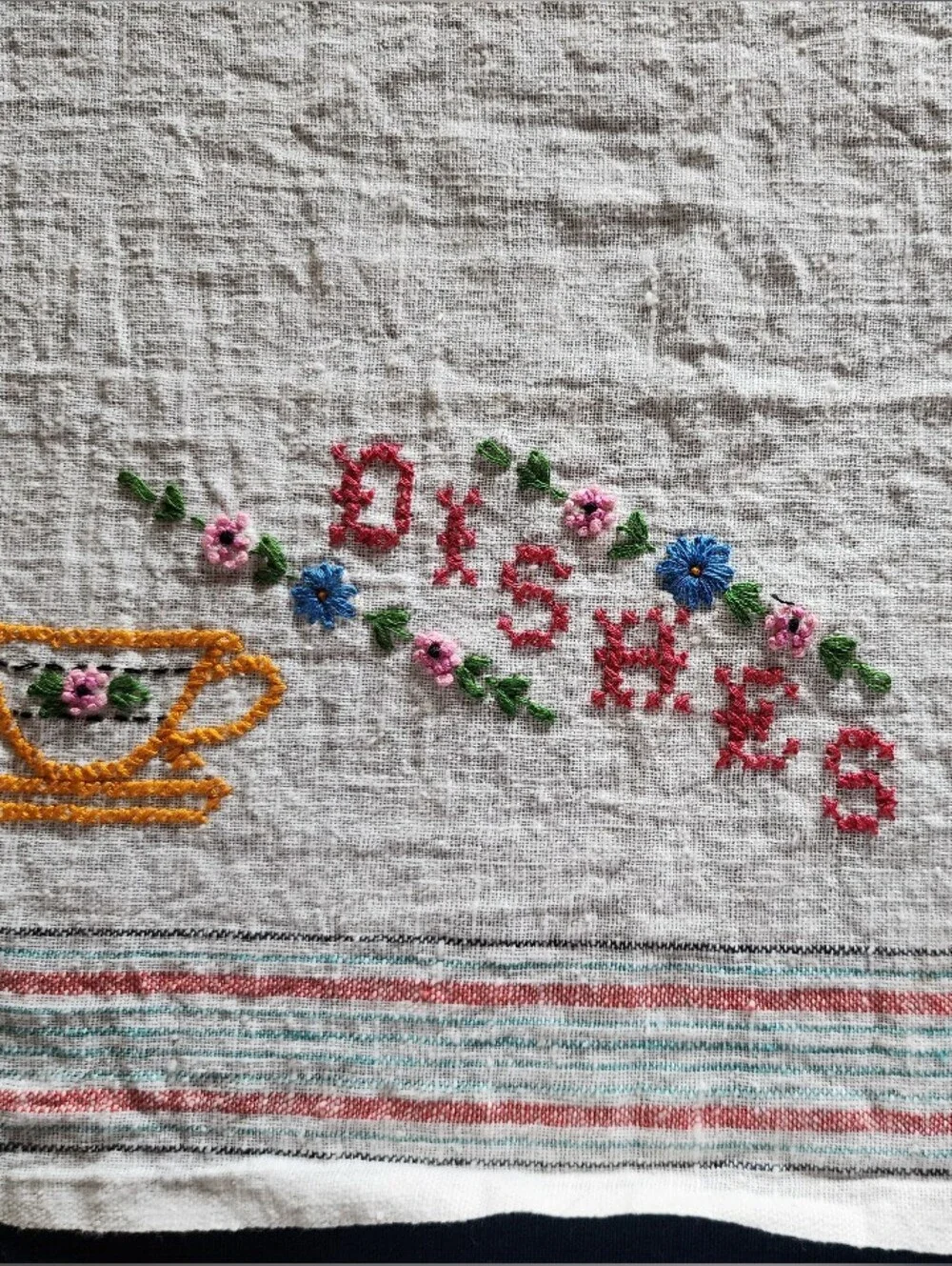 Vintage Cream Kitchen Towel with Multicolor Embroidery